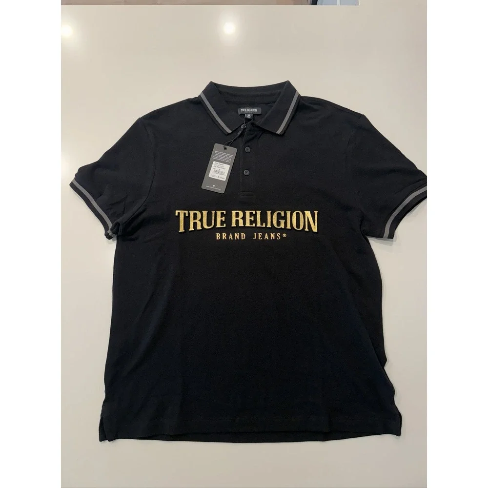 True Religion Foil Arch TR Polo Mens Medium Jet Black Metallic Logo 700497